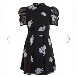 Topshop Studded Puff Sleeve Dress BlueBlack Floral Velvet Studded Collar Size 10